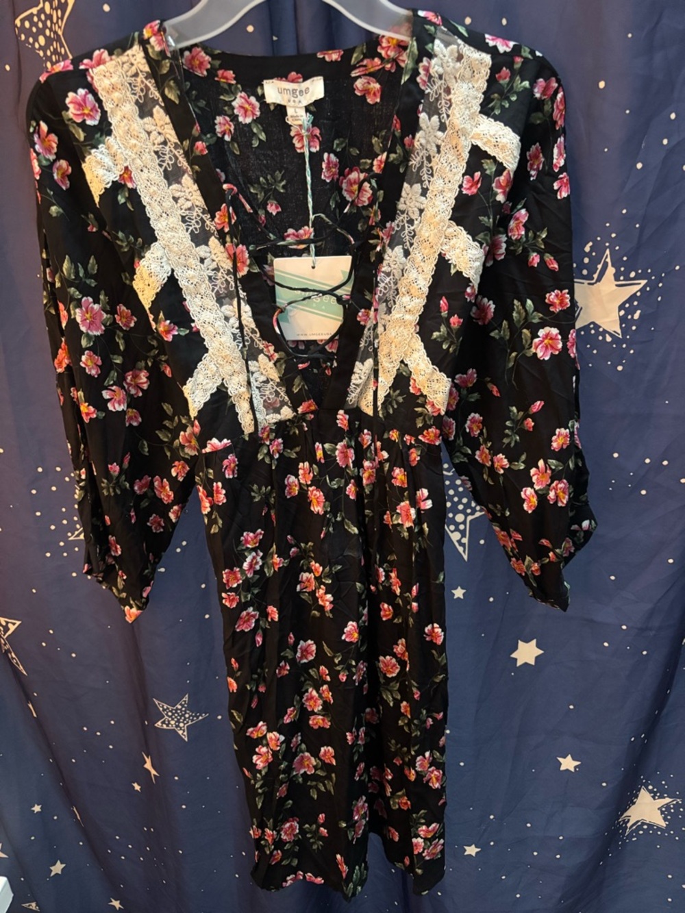 Umgee Black Floral Dress with White Lace Trim